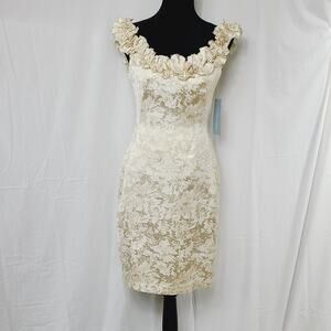 LONDON TIMES White Gold Metallic Ruffle Neck Sleeveless Dress **NEW WITH TAGS**
